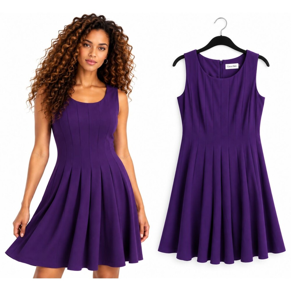 Calvin Klein Fit Flare A Line Dress Size 8 Purple Sleeveless Vertical Seaming
